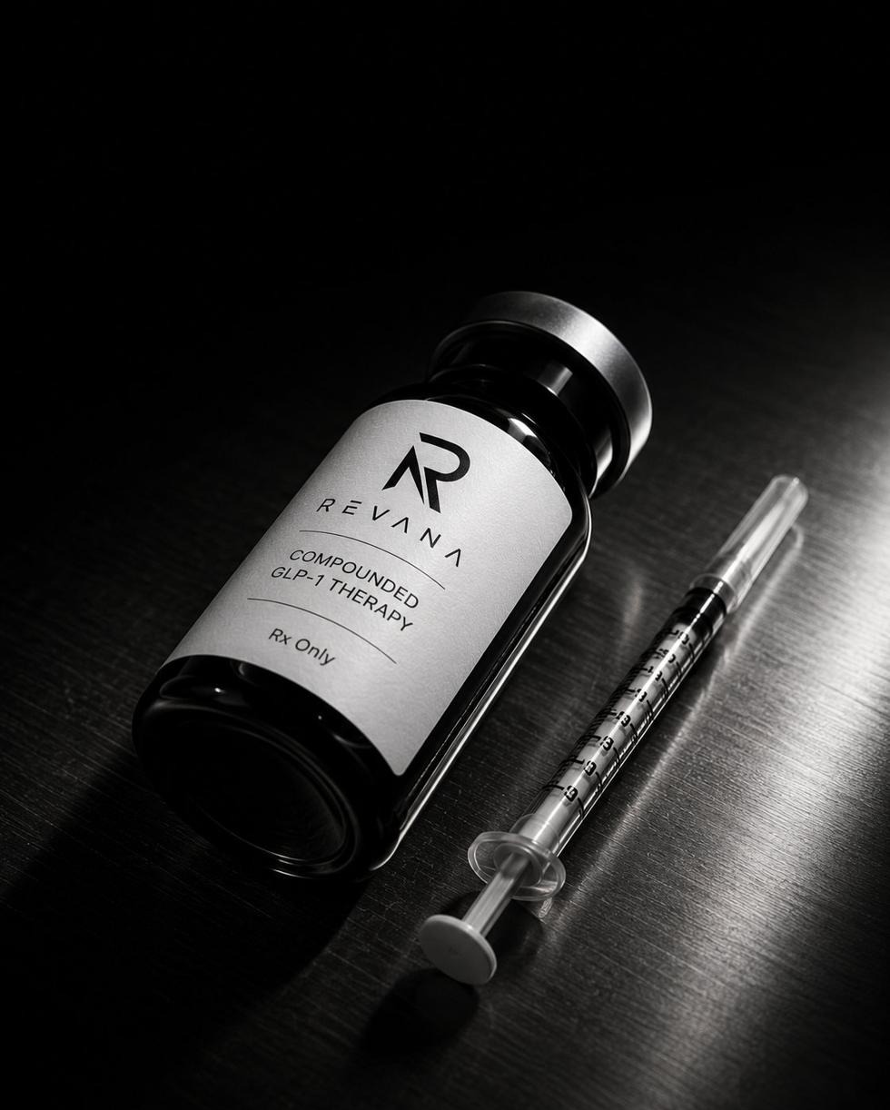 Revana compounded GLP-1 therapy vial with syringe on brushed steel